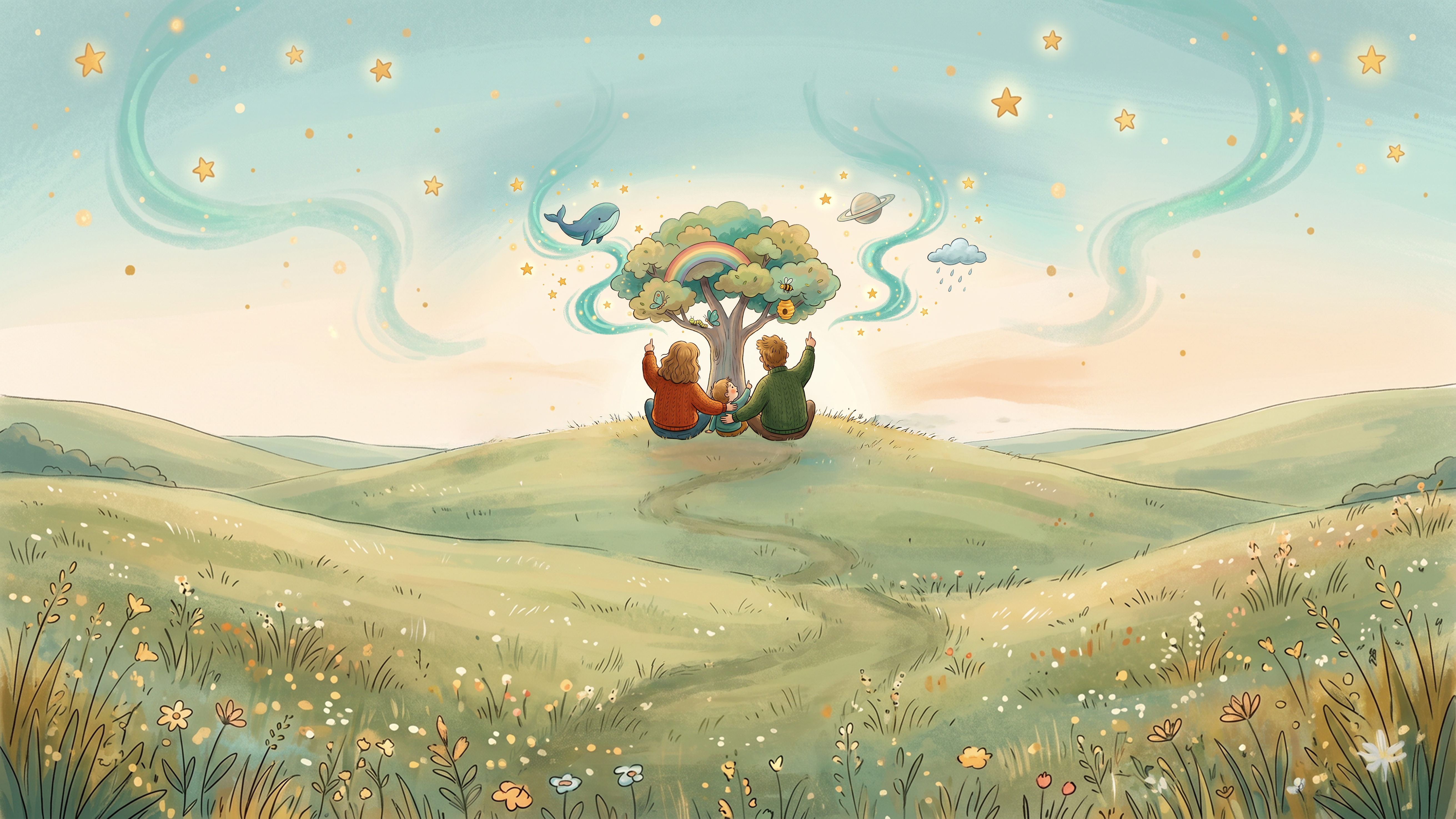 A family sitting under a tree with curious questions drifting through a starry sky.